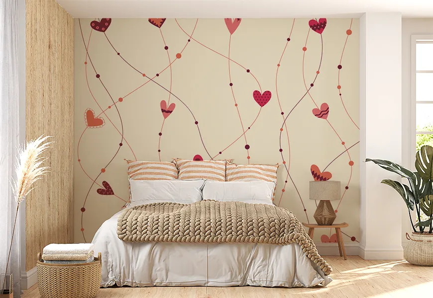 پوستر دیواری سه بعدی اتاق خواب عروس و داماد طرح قلب های کوچک